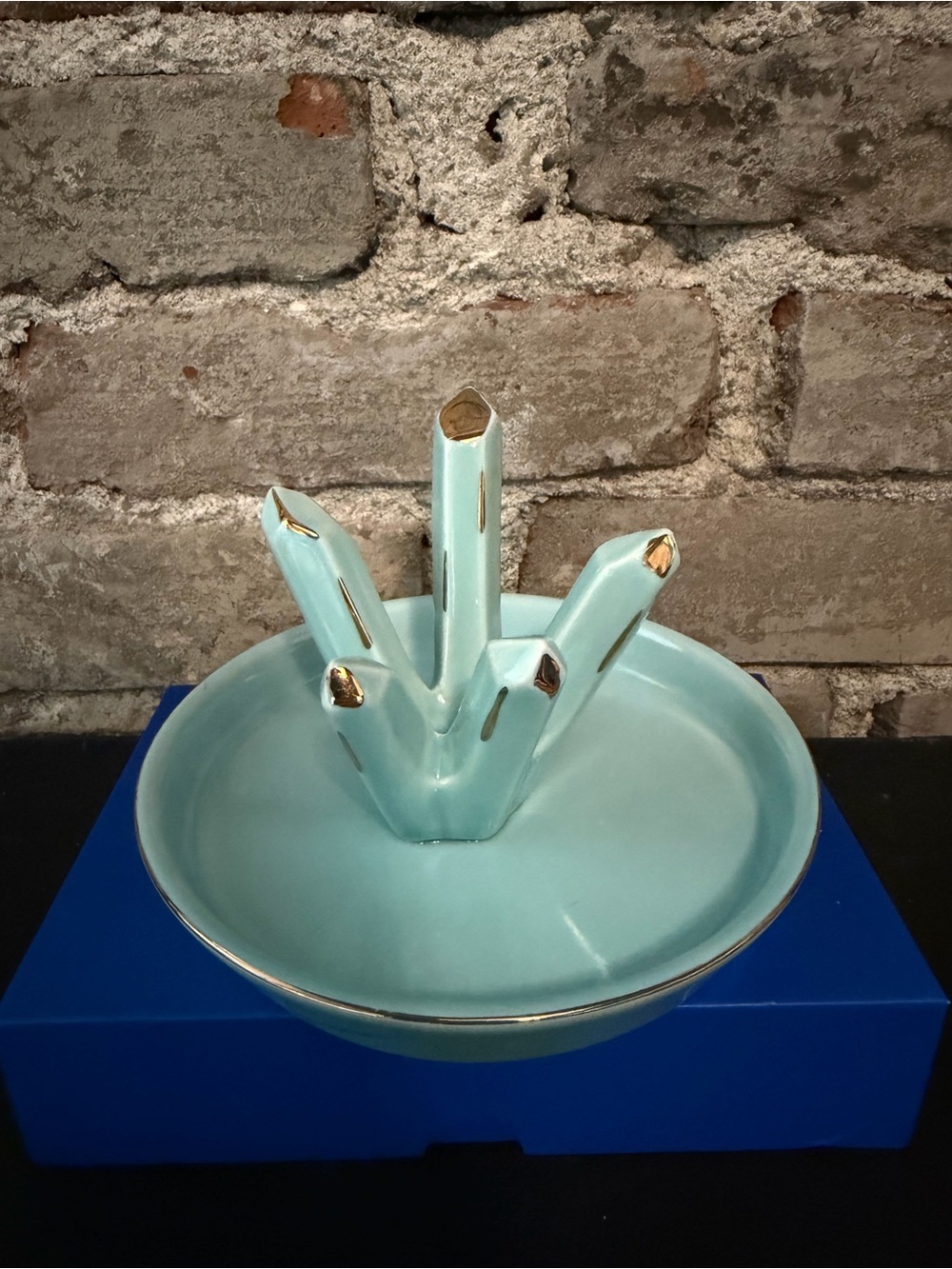 Aqua Ceramic Ring Holder Dish with Gold Accents